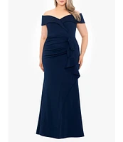 Xscape Plus Size Sleeveless Sweetheart Neck Cascade Ruffled Long Scuba Crepe Dress