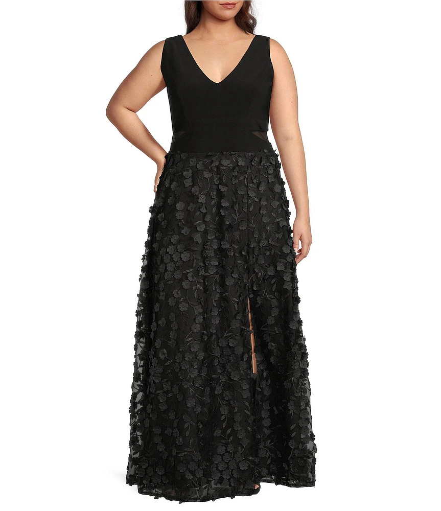 Xscape Plus Size Sleeveless V-Neck Flower A-Line Gown