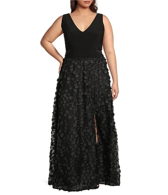 Xscape Plus Size Sleeveless V-Neck Flower A-Line Gown