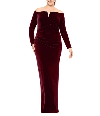 Xscape Plus Size Split V-Neck Long Sleeve Pleated Front Gathered Back Gown