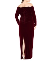 Xscape Plus Size Split V-Neck Long Sleeve Pleated Front Gathered Back Gown