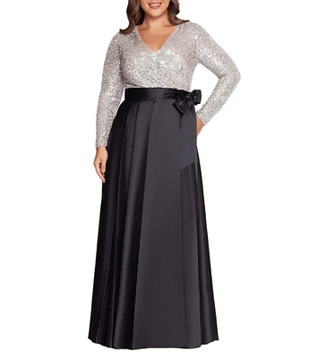 Xscape Plus Size Surplice V-Neck Long Sleeve Sequin Bodice A-Line Gown