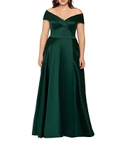 Xscape Plus Size Sweetheart Off-The-Shoulder Short Sleeve Satin Gown