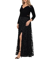 Xscape Plus Size V-Neck Long Sleeve 3D Petal Effect Gown