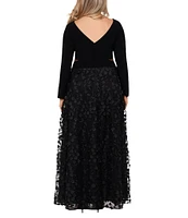 Xscape Plus Size V-Neck Long Sleeve 3D Petal Effect Gown