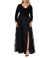 Xscape Plus Size V-Neck Long Sleeve 3D Petal Effect Gown