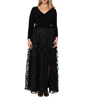 Xscape Plus Size V-Neck Long Sleeve 3D Petal Effect Gown