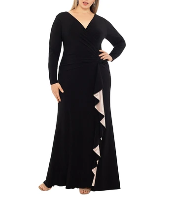 Xscape Plus Size V-Neck Long Sleeve Cascade Ruffle Gown