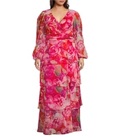 Xscape Plus Size V-Neck Long Sleeve Floral Print Chiffon Dress