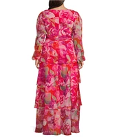 Xscape Plus Size V-Neck Long Sleeve Floral Print Chiffon Dress