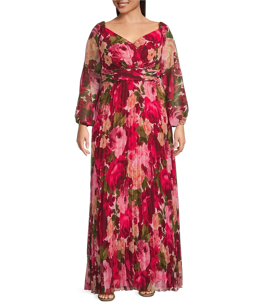 Xscape Plus Size V-Neck Off-the-Shoulder Long Sleeve Pleated Chiffon A-Line Gown