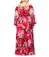 Xscape Plus Size V-Neck Off-the-Shoulder Long Sleeve Pleated Chiffon A-Line Gown