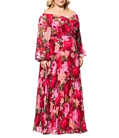 Xscape Plus Size V-Neck Off-the-Shoulder Long Sleeve Pleated Chiffon A-Line Gown