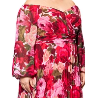 Xscape Plus Size V-Neck Off-the-Shoulder Long Sleeve Pleated Chiffon A-Line Gown