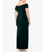 Xscape Plus Size Velvet Off-The-Shoulder Cap Sleeves Ruched Long Gown