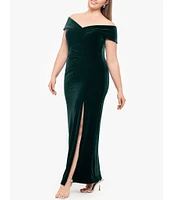 Xscape Plus Size Velvet Off-The-Shoulder Cap Sleeves Ruched Long Gown