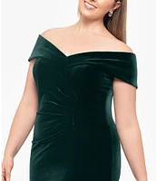 Xscape Plus Size Velvet Off-The-Shoulder Cap Sleeves Ruched Long Gown