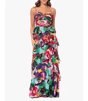 Xscape Printed Chiffon Sweetheart Neck Sleeveless Tiered Dress