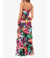 Xscape Printed Chiffon Sweetheart Neck Sleeveless Tiered Dress