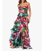 Xscape Printed Chiffon Sweetheart Neck Sleeveless Tiered Dress