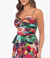 Xscape Printed Chiffon Sweetheart Neck Sleeveless Tiered Dress