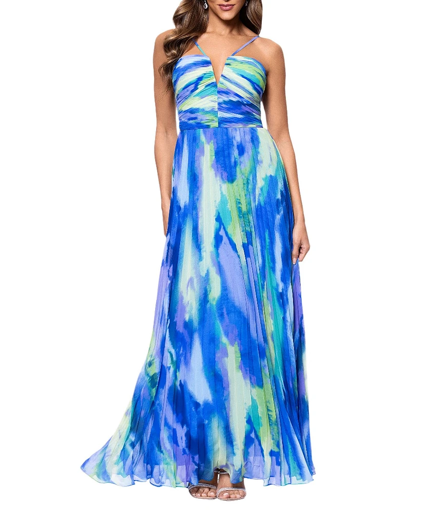 Xscape Abstract Print Pleated Chiffon Halter Neckline Sleeveless Maxi Dress