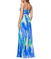 Xscape Abstract Print Pleated Chiffon Halter Neckline Sleeveless Maxi Dress
