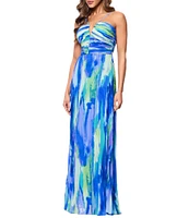 Xscape Abstract Print Pleated Chiffon Halter Neckline Sleeveless Maxi Dress