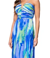 Xscape Abstract Print Pleated Chiffon Halter Neckline Sleeveless Maxi Dress