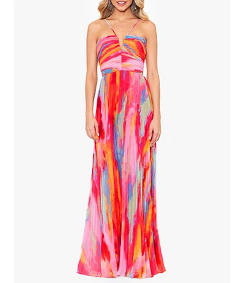 Xscape Abstract Print Pleated Chiffon Halter Neckline Sleeveless Maxi Dress