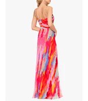 Xscape Abstract Print Pleated Chiffon Halter Neckline Sleeveless Maxi Dress