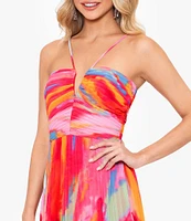 Xscape Abstract Print Pleated Chiffon Halter Neckline Sleeveless Maxi Dress