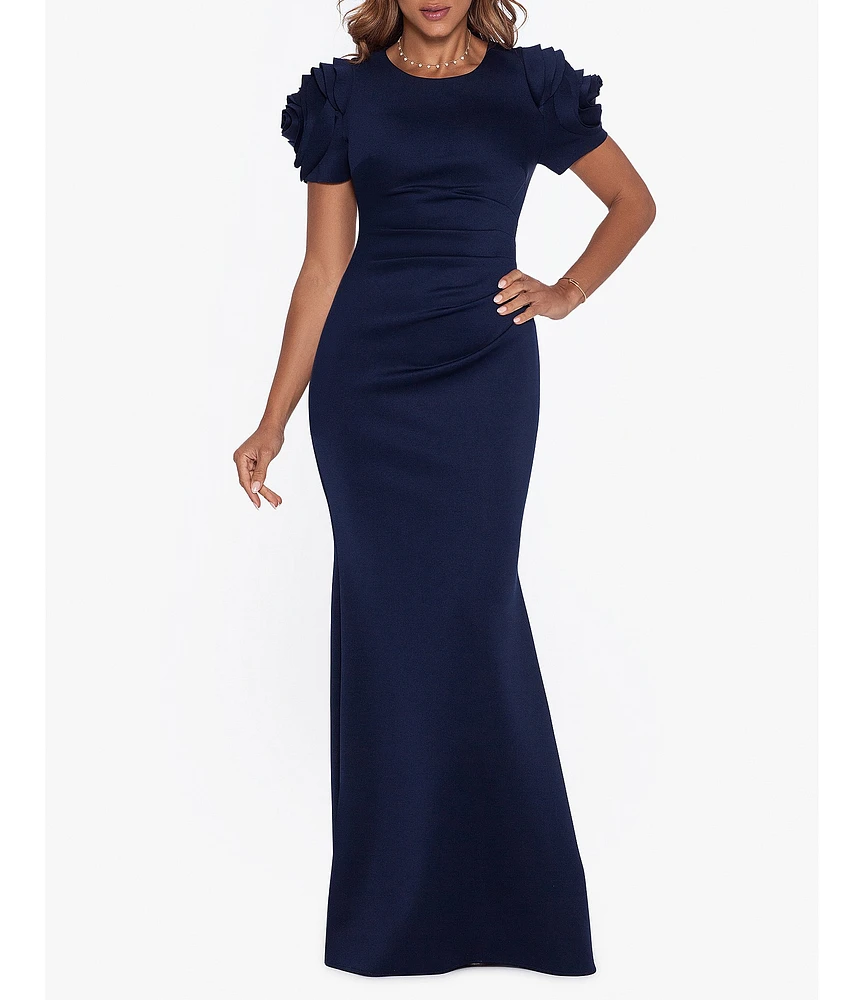 Xscape Rosette Short Sleeve Ruched Back Sheath Gown