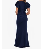 Xscape Rosette Short Sleeve Ruched Back Sheath Gown