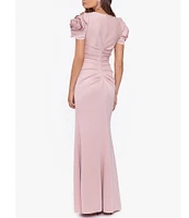 Xscape Rosette Short Sleeve Ruched Back Sheath Gown