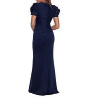 Xscape Rosette Short Sleeve Ruched Back Sheath Gown