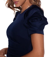 Xscape Rosette Short Sleeve Ruched Back Sheath Gown