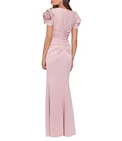 Xscape Rosette Short Sleeve Ruched Back Sheath Gown