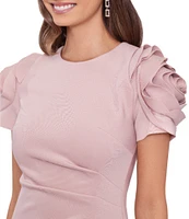 Xscape Rosette Short Sleeve Ruched Back Sheath Gown