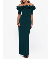 Xscape Ruffled Off-the-Shoulder Short Sleeve Crepe Sheath Gown