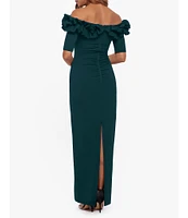 Xscape Ruffled Off-the-Shoulder Short Sleeve Crepe Sheath Gown