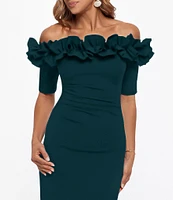 Xscape Ruffled Off-the-Shoulder Short Sleeve Crepe Sheath Gown