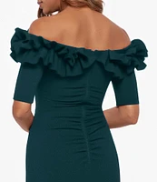 Xscape Ruffled Off-the-Shoulder Short Sleeve Crepe Sheath Gown