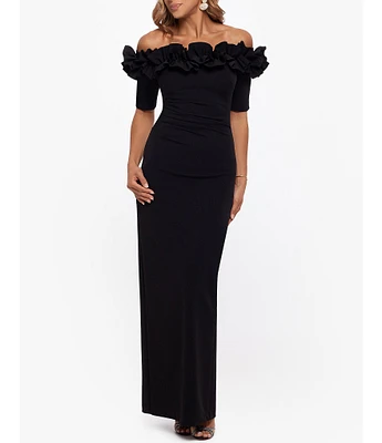 Xscape Ruffled Off-the-Shoulder Short Sleeve Crepe Sheath Gown