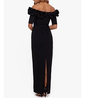 Xscape Ruffled Off-the-Shoulder Short Sleeve Crepe Sheath Gown