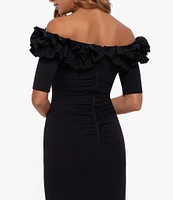 Xscape Ruffled Off-the-Shoulder Short Sleeve Crepe Sheath Gown