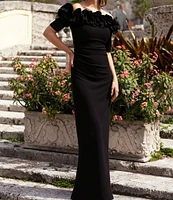 Xscape Ruffled Off-the-Shoulder Short Sleeve Crepe Sheath Gown