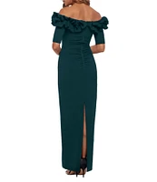 Xscape Ruffled Off-the-Shoulder Short Sleeve Crepe Sheath Gown
