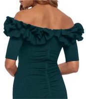 Xscape Ruffled Off-the-Shoulder Short Sleeve Crepe Sheath Gown