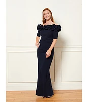 Xscape Ruffled Off-the-Shoulder Short Sleeve Crepe Sheath Gown